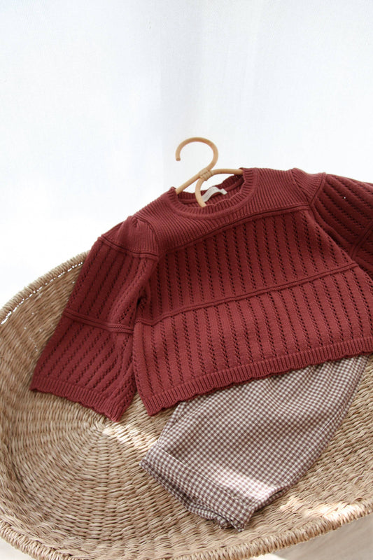 Dusky/Berry Cotton Flare Sleeve Openwork Knit Jumper: 2-3y