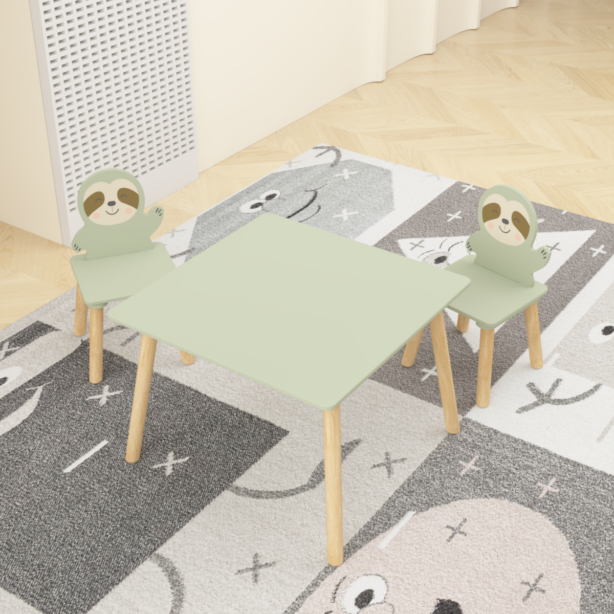 Kids Sloth Bookshelf, Book Rack, Table Chair Set, Sage Green
