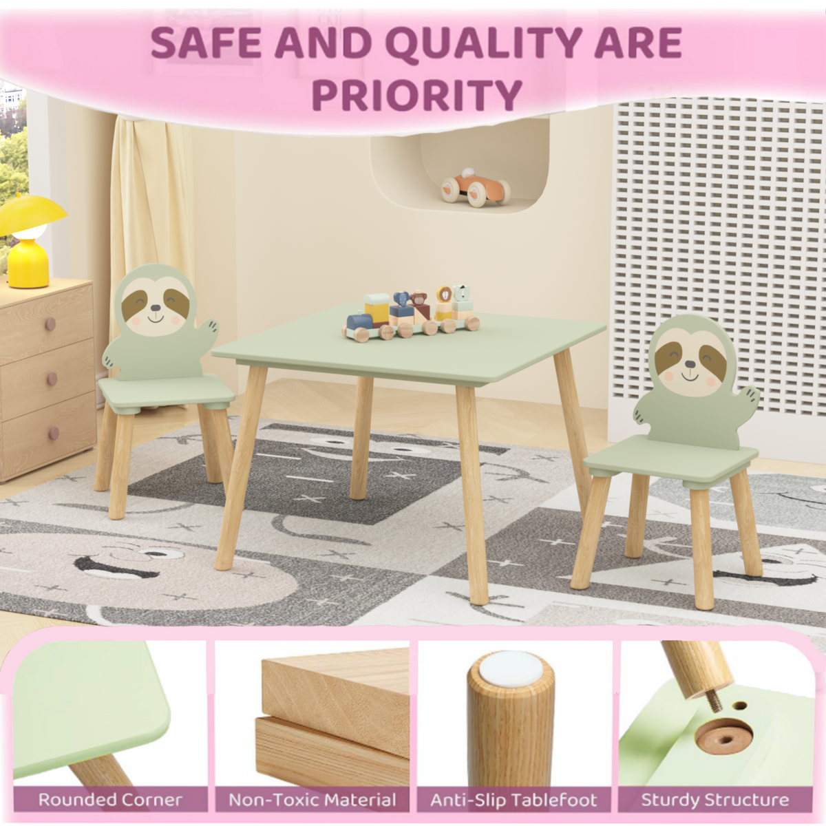 Kids Sloth Bookshelf, Book Rack, Table Chair Set, Sage Green