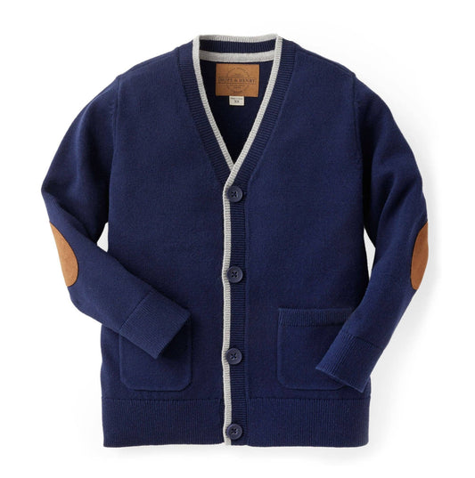 Tipped Organic Cardigan with Elbow Patches - Baby: Navy with Light Gray / 18-24 Months