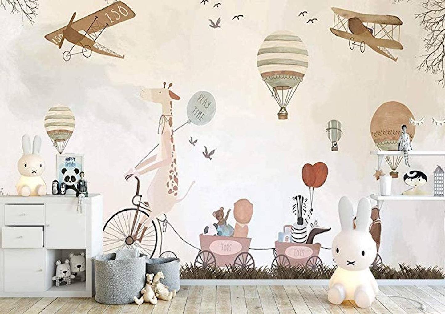 Vintage Hot Air Balloons, Animals Removable Wallpaper: Peel and Stick Vinyl / W:112" x H:75"