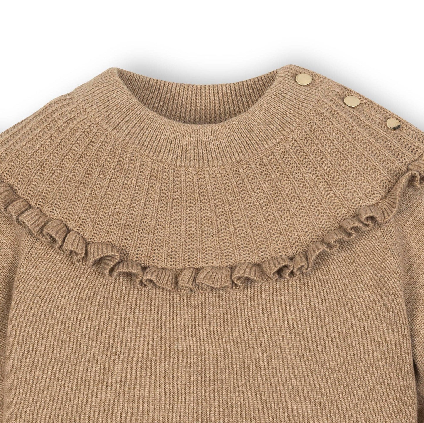 Organic Mock Neck Ruffle Sweater: Camel Heather / X-Small