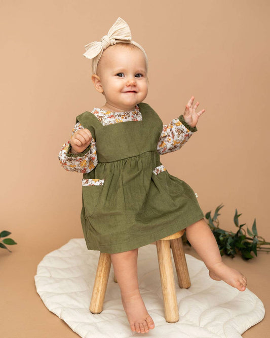 Lilith Floral Baby Pinafore Dress & Bloomer (Organic Cotton): Multi-Floral/Green