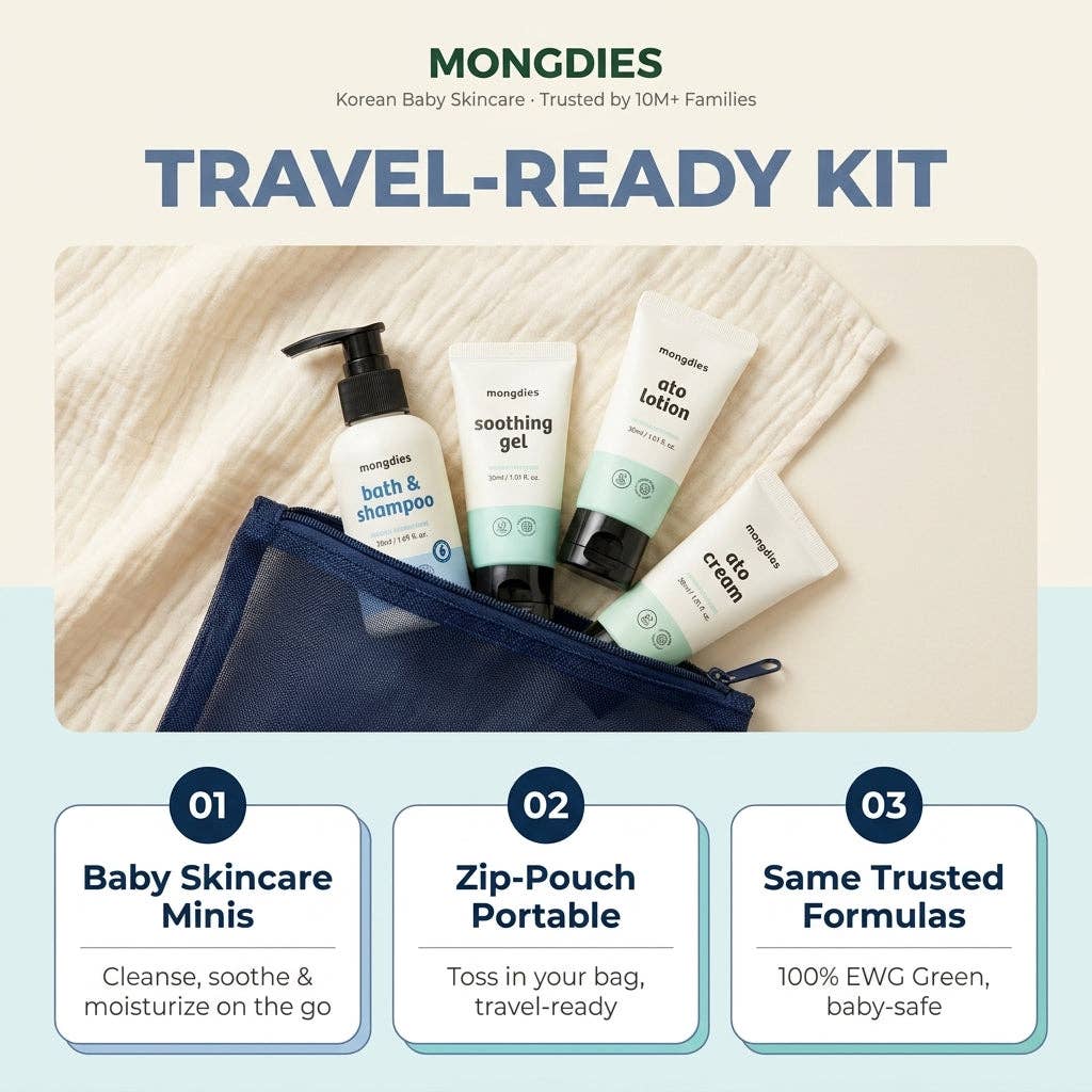 Mongdies Travel Kit 170ml | Mini Baby Skincare Set for On-the-Go | EWG Green