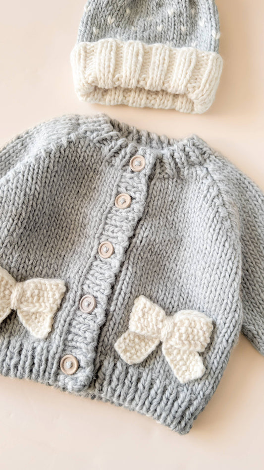 Bow Cardigan Baby Kid Sweater Fall Winter Holiday Christmas: Bowie Grey / XS 6-12m