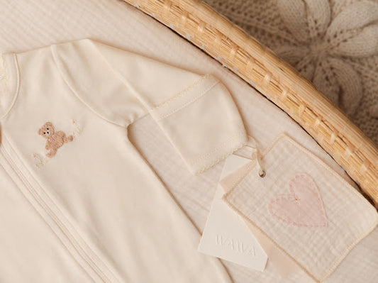 Pima Embroidered Footless Sleeper in Pearl Flower Bear