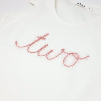 "Two" Pink Sparkle Embr Cotton Baby Rib FS Tank: Cream / 2