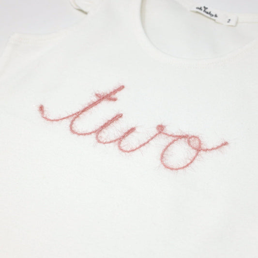 "Two" Pink Sparkle Embr Cotton Baby Rib FS Tank: Cream / 2
