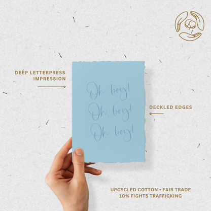 Oh Boy | New Mom, Infant Baby Shower Greeting Card: Flat A2 Greeting Card. Blank on Back.