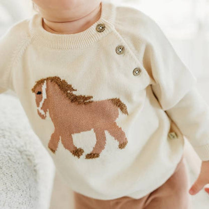 Horse Jacquard Sweater Knit Baby Pullover (Organic Cotton): Natural