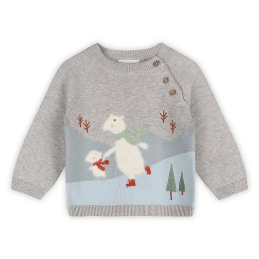 Skating Polar Bear Jacquard Knit Baby Raglan Pullover: Heather Grey / 12-18M