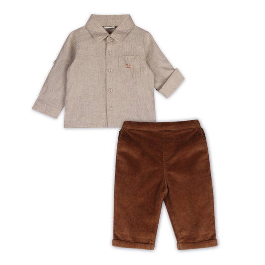 Positano Linen Baby Shirt & Corduroy Pants (Organic): Natural / Brown / 3-6M
