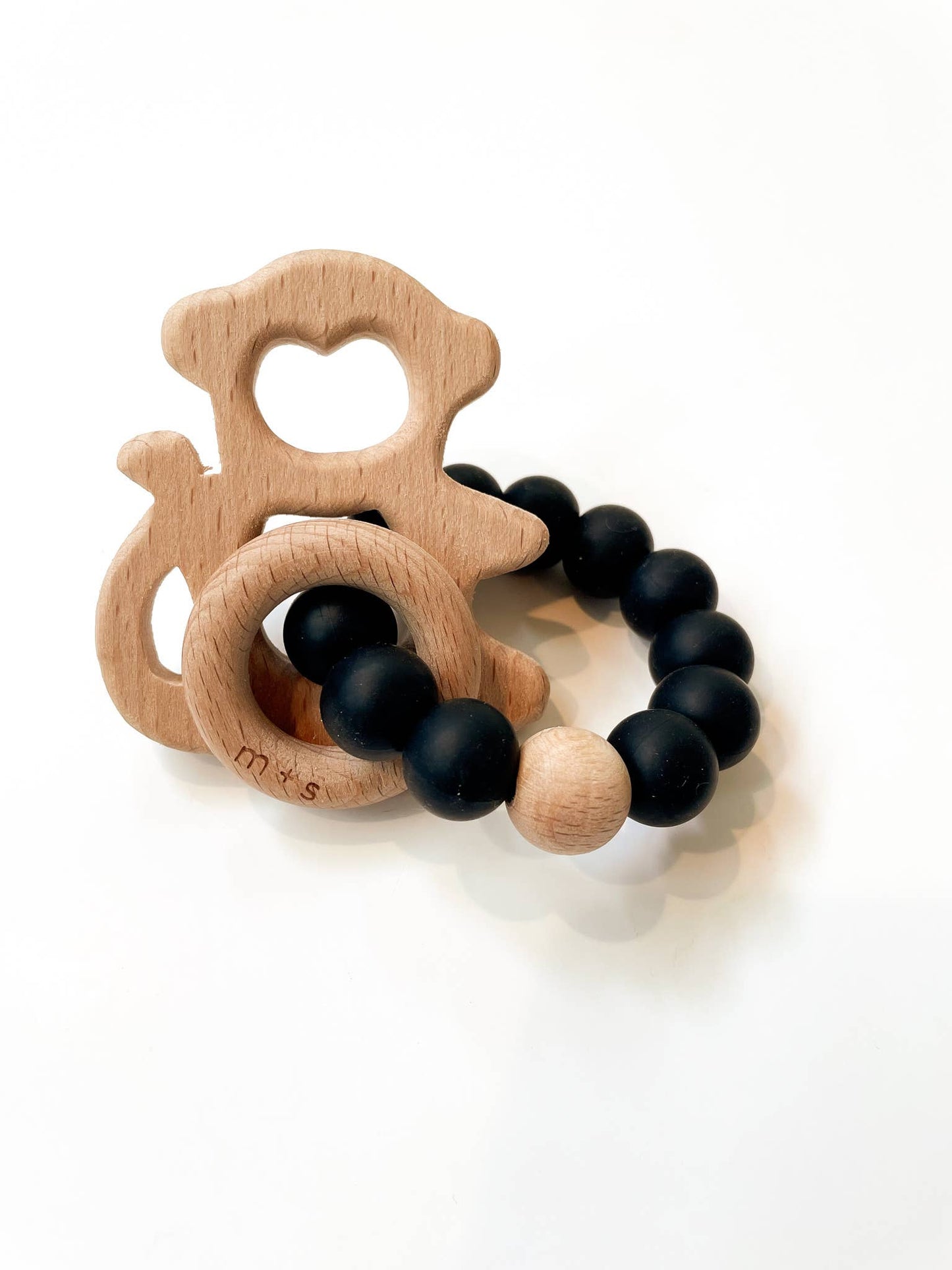 Monkey Teether- Silicone and Beech Wood: Blush