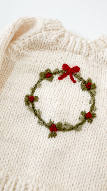 Wreath Sweater Baby Kid Christmas Holiday Bow: Cream / XS 6-12m