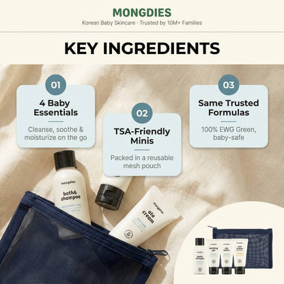Mongdies Travel Kit 170ml | Mini Baby Skincare Set for On-the-Go | EWG Green