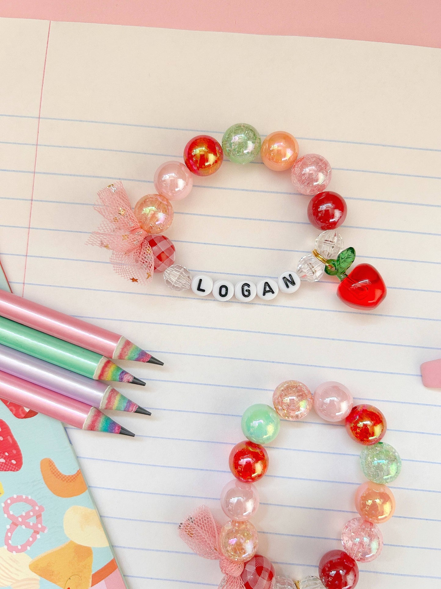 Back to School Acrylic Apple Kids Beaded Charm Bracelet