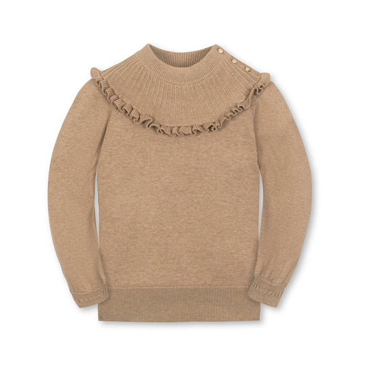 Organic Mock Neck Ruffle Sweater: Camel Heather / X-Small
