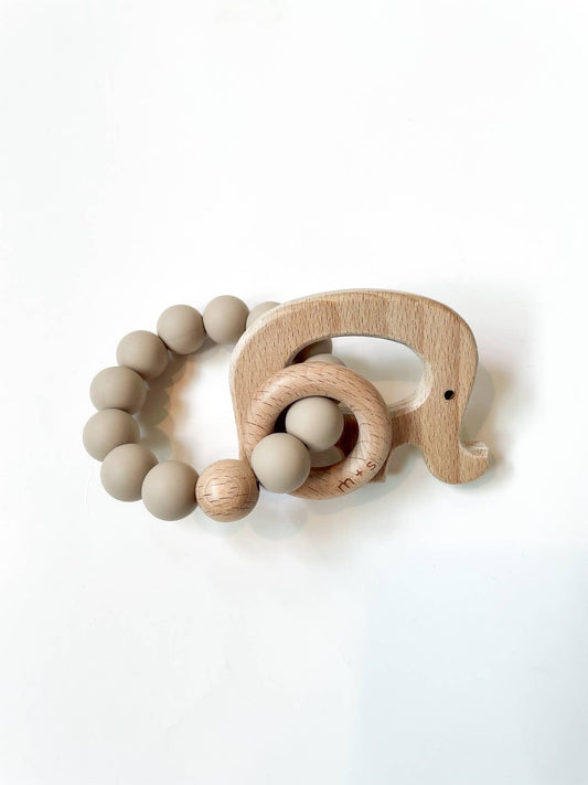 Elephant Teether- Silicone and Beech Wood: Taupe