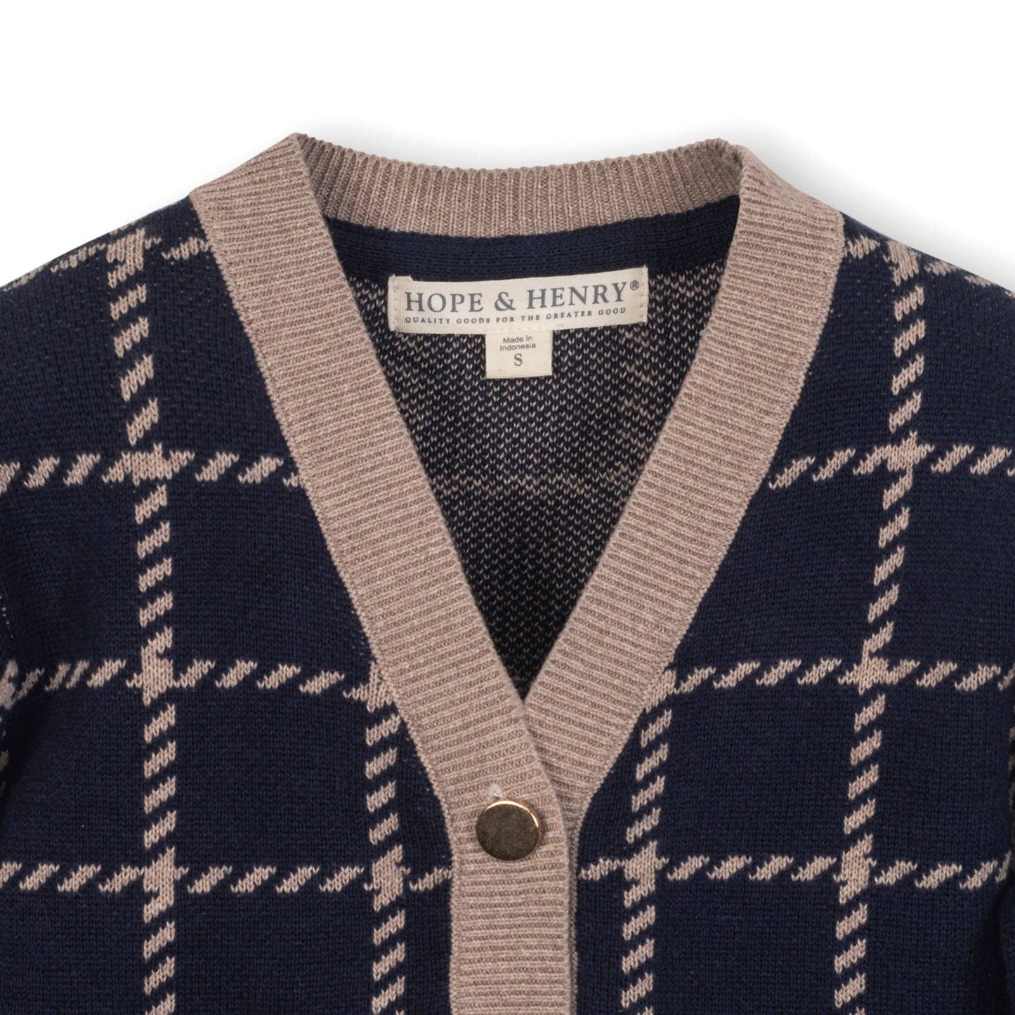Organic Boyfriend Cardigan: Navy and Taupe Windowpane / X-Small
