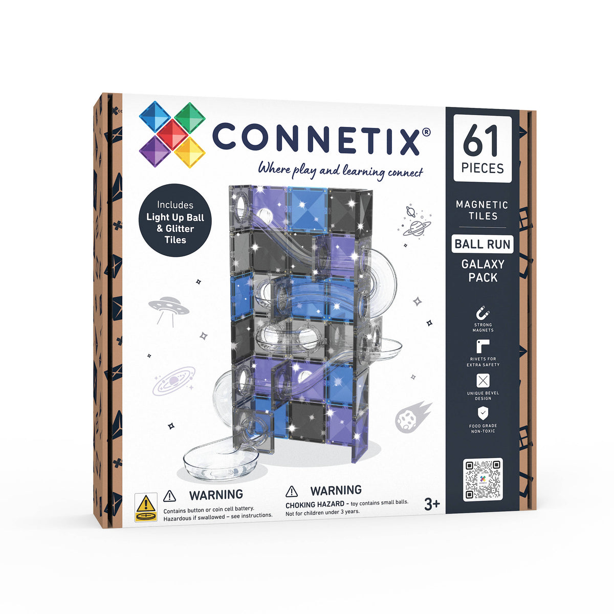 CONNETIX Magnetic Tiles Glitter Galaxy Ball Run Pack, 61 pc