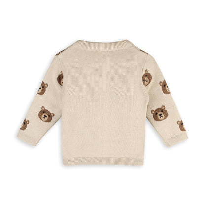 Brown Bear Jacquard Baby Cardigan Sweater (Organic Cotton): Stone