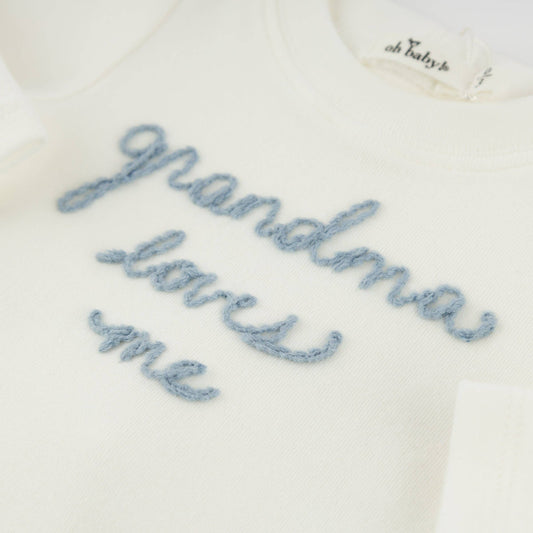 "grandma loves me" Fog Embroidered Two Piece Set - Cream