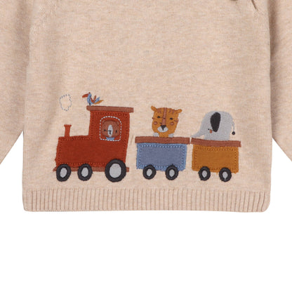 Animal Train Applique Sweater Knit Baby Pullover Organic: Oatmeal Heather / 12-18M