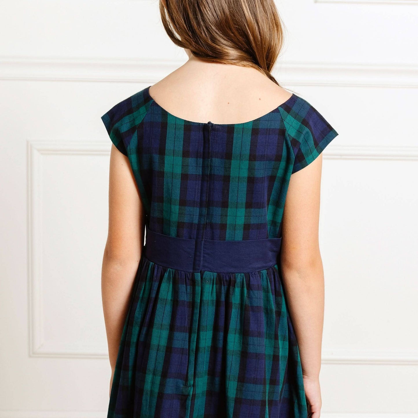 Cap Sleeve Organic Party Dress with Bow Sash: Black Watch Tartan / 5