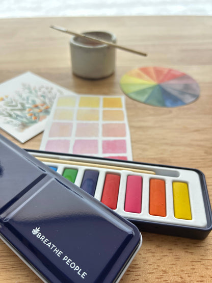 Watercolor Set- 12 Artist Grade Colors + Wood Paintbrush
