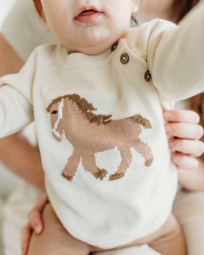 Horse Jacquard Sweater Knit Baby Pullover (Organic Cotton): Natural