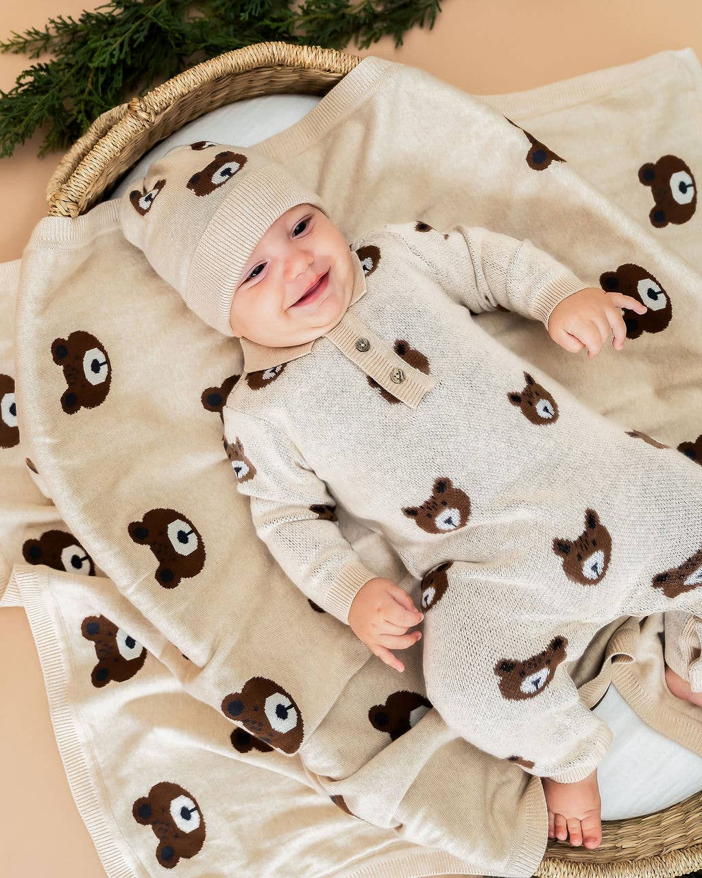 Brown Bear - Organic Cotton Jacquard Knit Baby Blanket: Oatmeal Heather / One Size