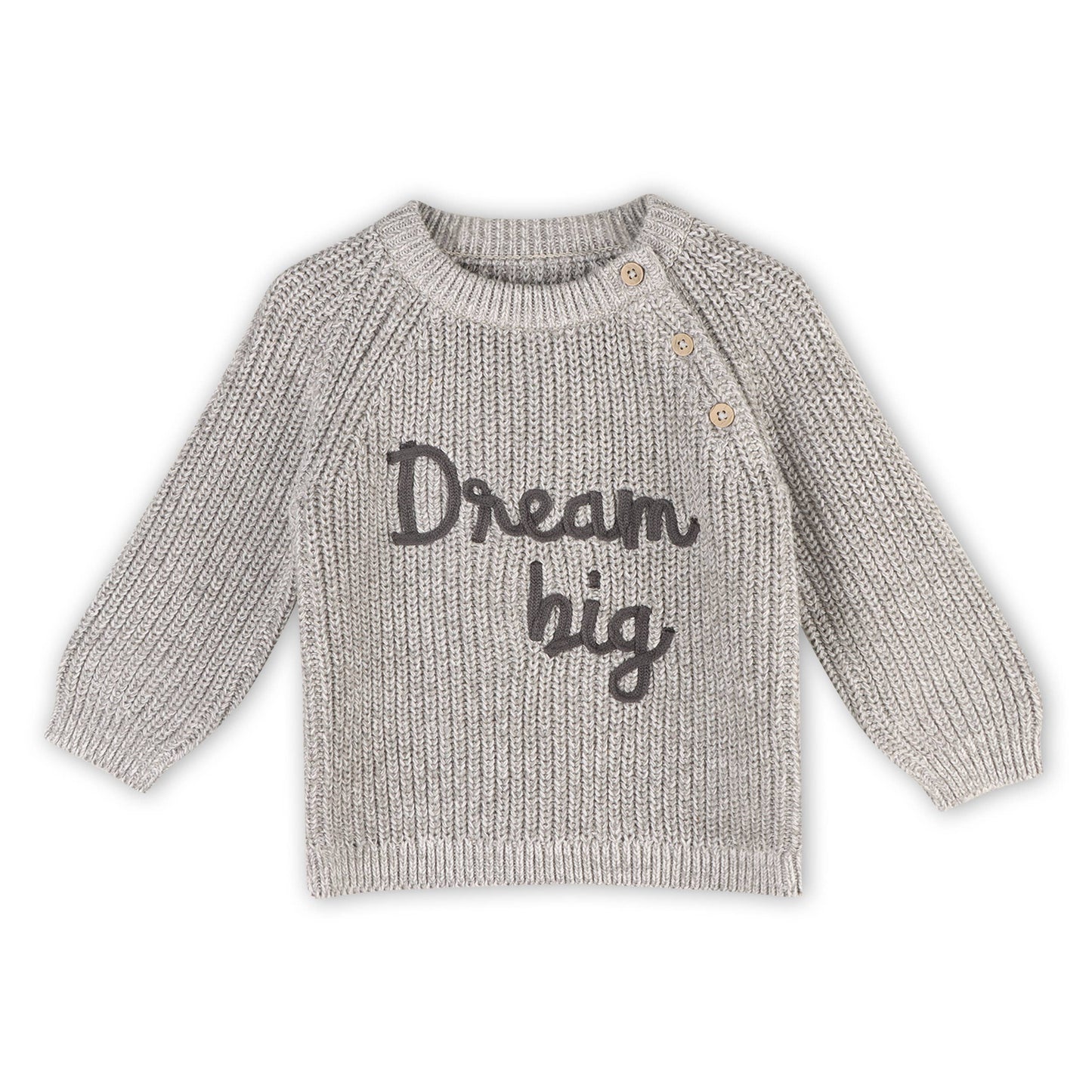 Dream Big Embroidered Chunky Knit Baby Sweater (Organic): Heather Grey / 12-18M