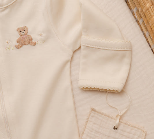 Pima Embroidered Footless Sleeper in Pearl Flower Bear