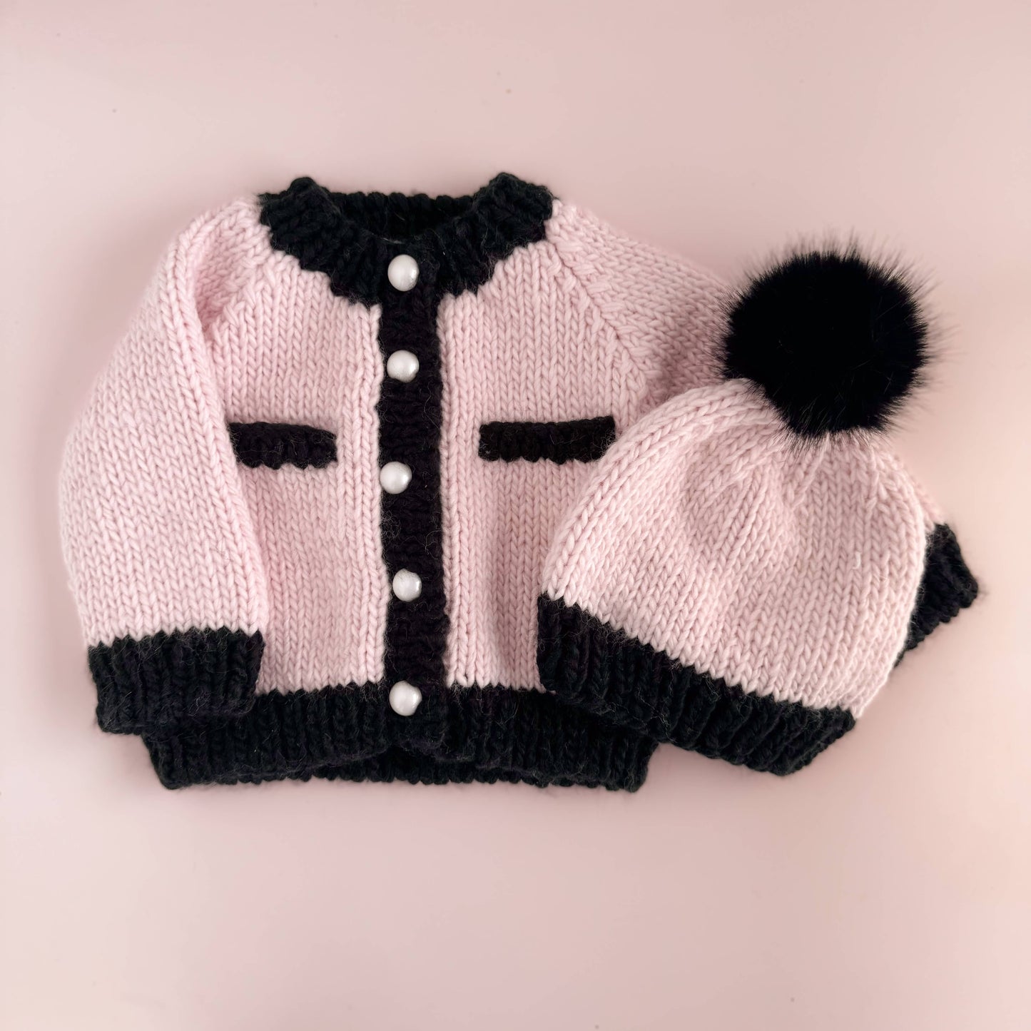 Coco Cardigan, Baby Pink/Black | Kids Pearl Sweater: M; 2-3Y
