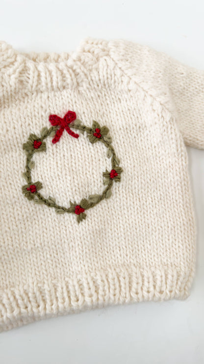 Wreath Sweater Baby Kid Christmas Holiday Bow: Cream / S 12-24m