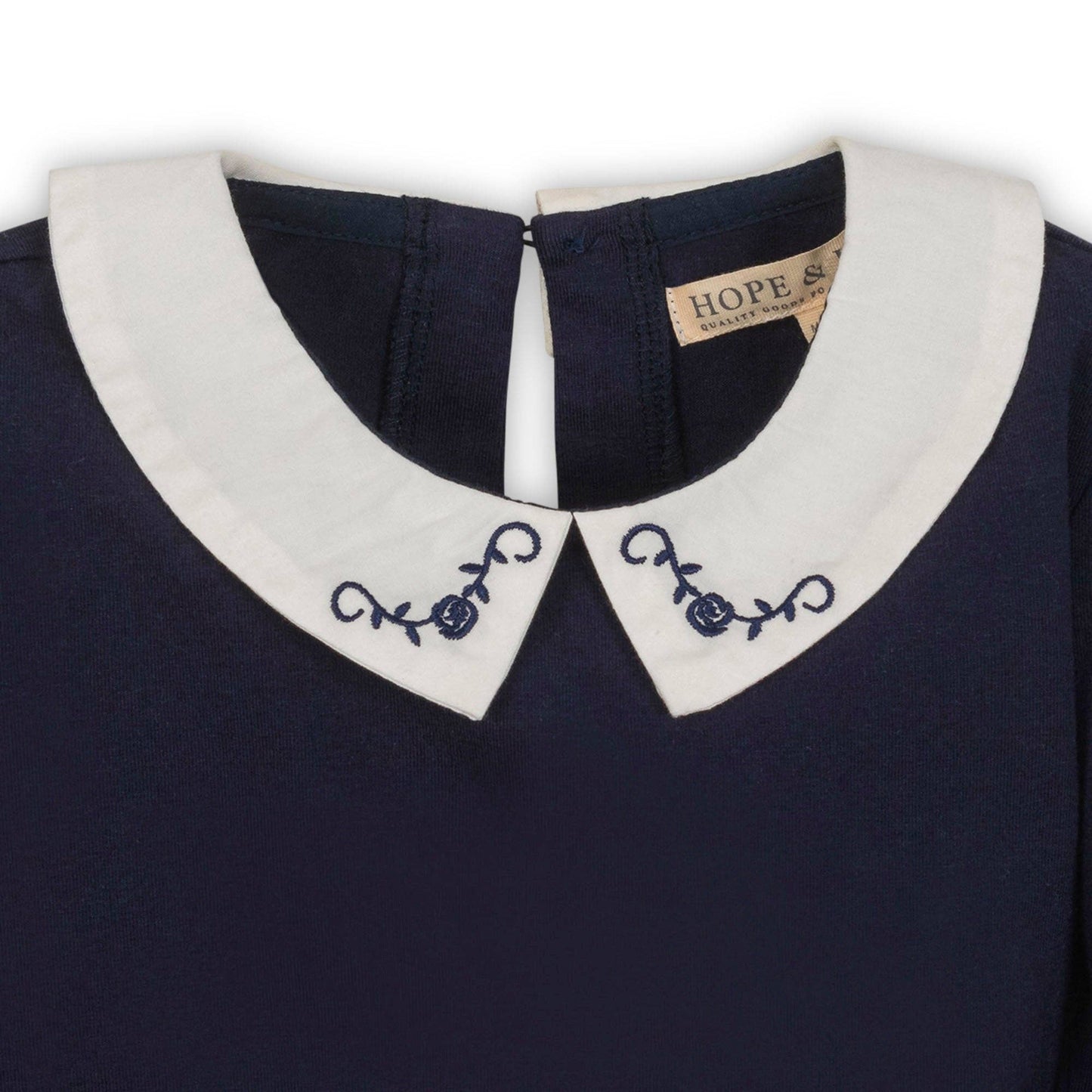 Organic Peter Pan Collar Knit Top: Navy with Embroidery / Small