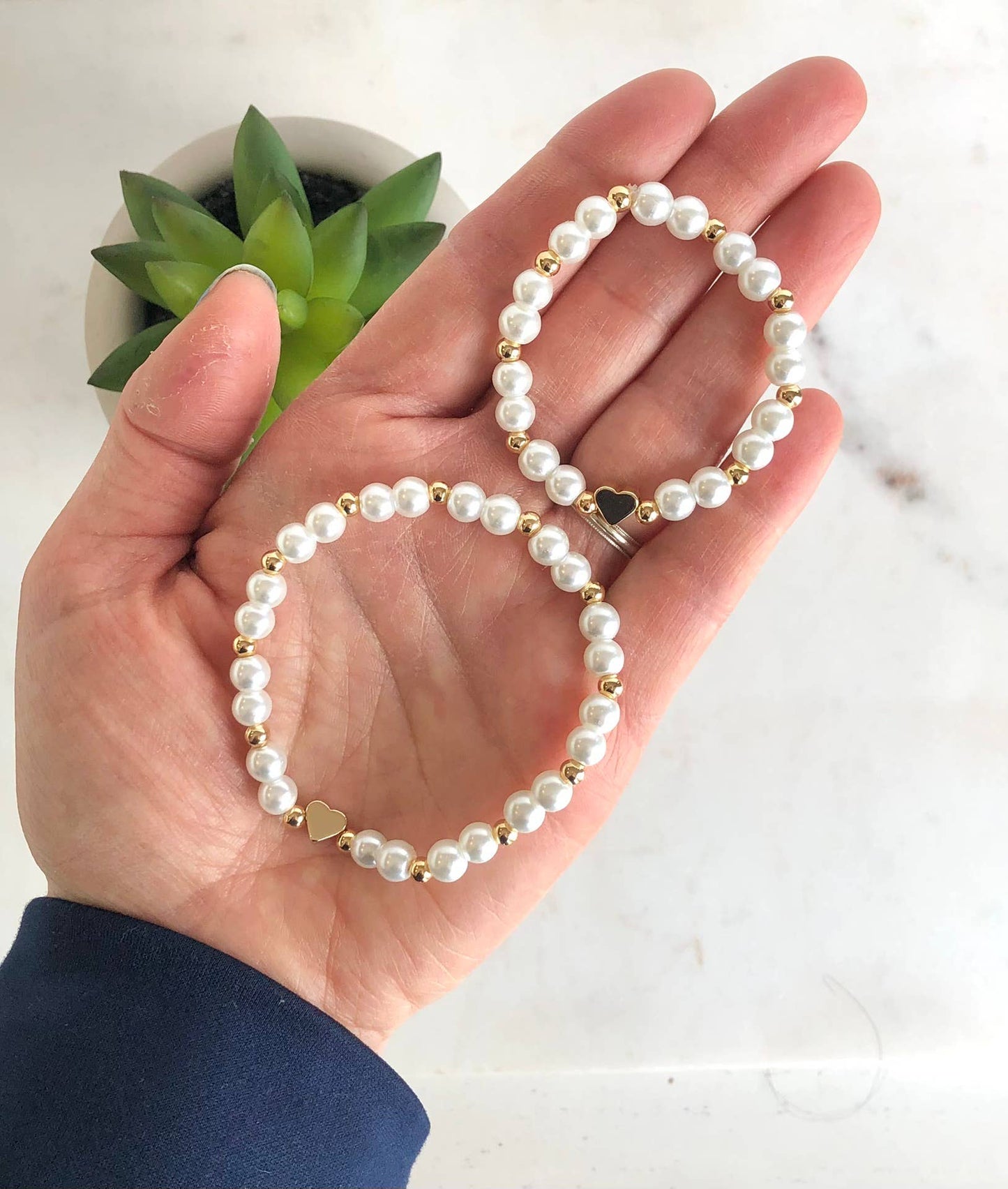 White Pearl and Gold Heart Mommy and Me Bracelet Set