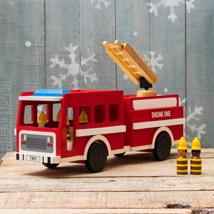 Large Wooden Fire Truck Toy – 20” Ladder Engine with 6 Firefighters