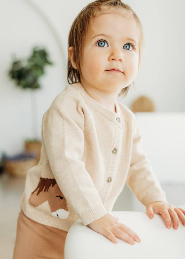 Horse Jacquard Sweater Knit Baby Cardigan (Organic Cotton): Oatmeal Heather / 3-6M