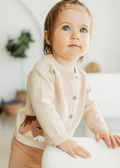 Horse Jacquard Sweater Knit Baby Cardigan (Organic Cotton): Oatmeal Heather