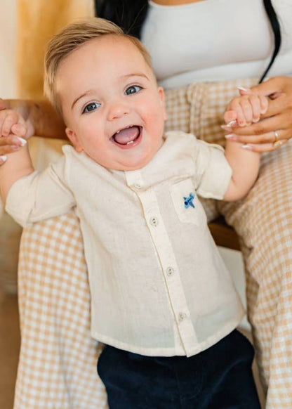 Portofino Baby Shirt & Pants Set (Organic Cotton): Natural / Navy / 12-18M