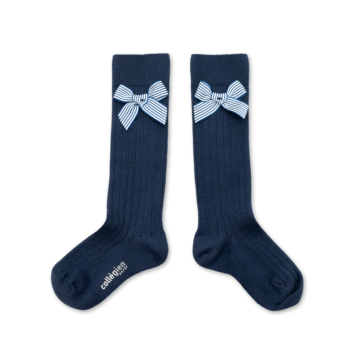 Collegien Marinette - Ribbed Knee-high Socks with Striped Bow
