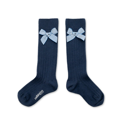 Collegien Marinette - Ribbed Knee-high Socks with Striped Bow