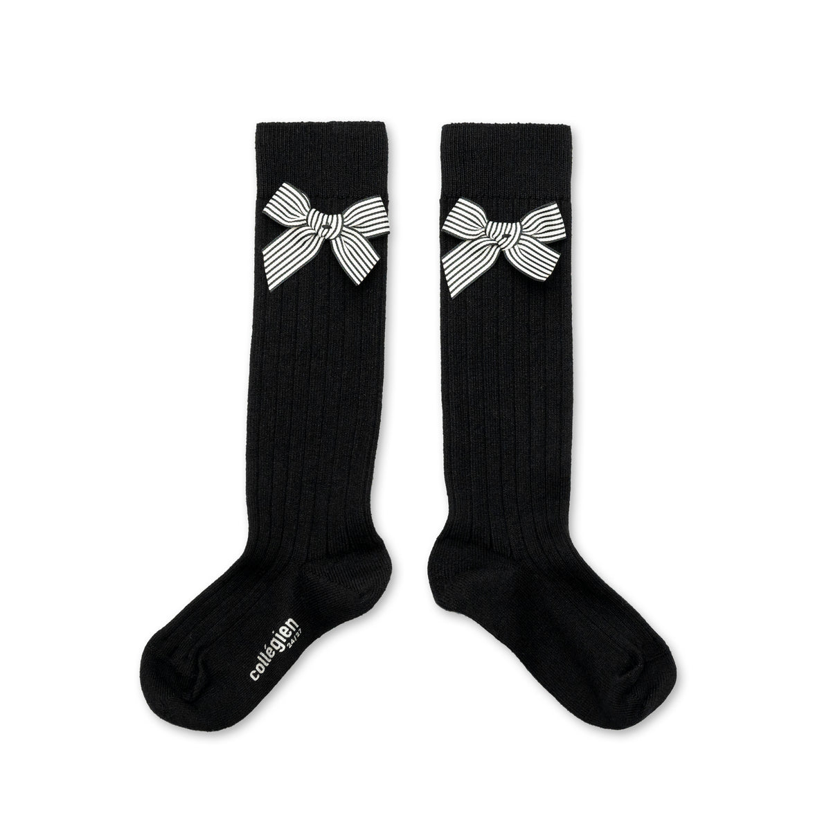 Collegien Marinette - Ribbed Knee-high Socks with Striped Bow