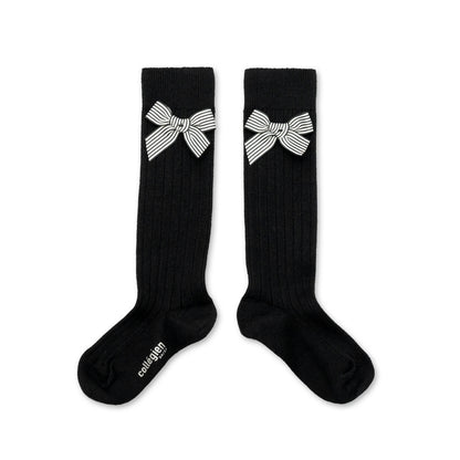 Collegien Marinette - Ribbed Knee-high Socks with Striped Bow