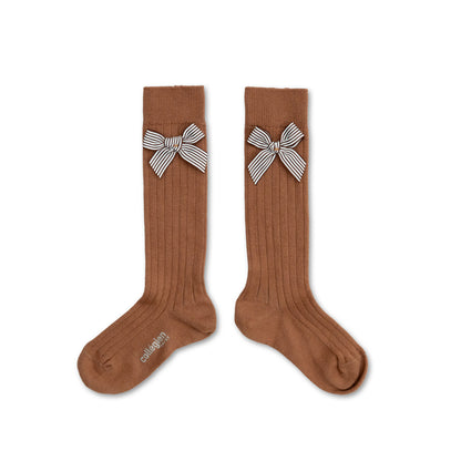 Collegien Marinette - Ribbed Knee-high Socks with Striped Bow