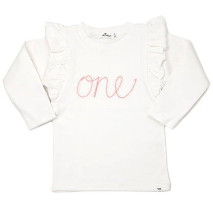 "one" Pink Eyelash Millie LS Tee: Cream / 12-18 mo