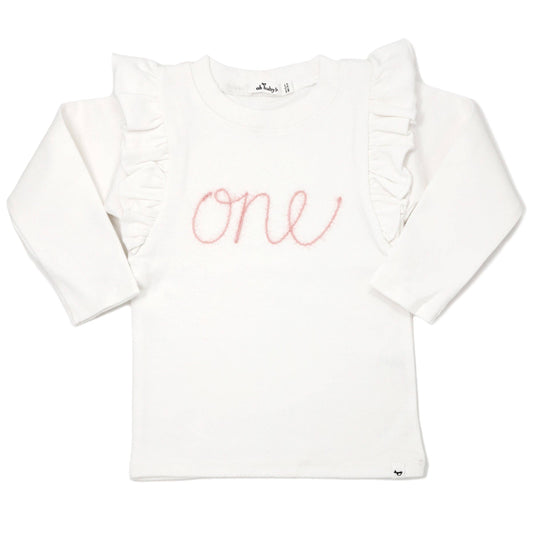 "one" Pink Eyelash Millie LS Tee: Cream / 12-18 mo