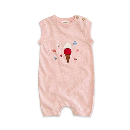 Ice Cream Embroidered Knit Sleeveless Baby Romper (Organic): Pink Heather