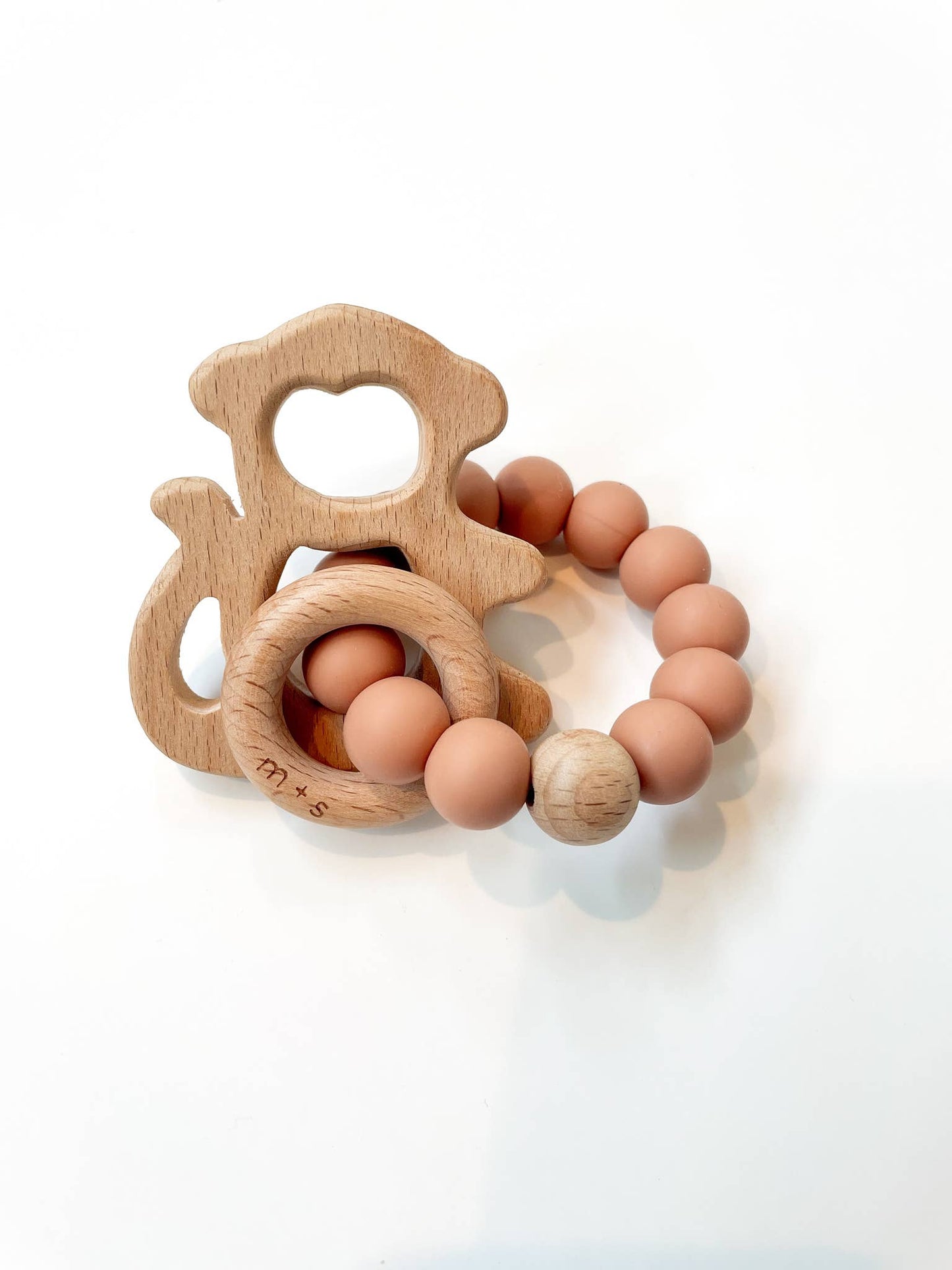 Monkey Teether- Silicone and Beech Wood: Blush